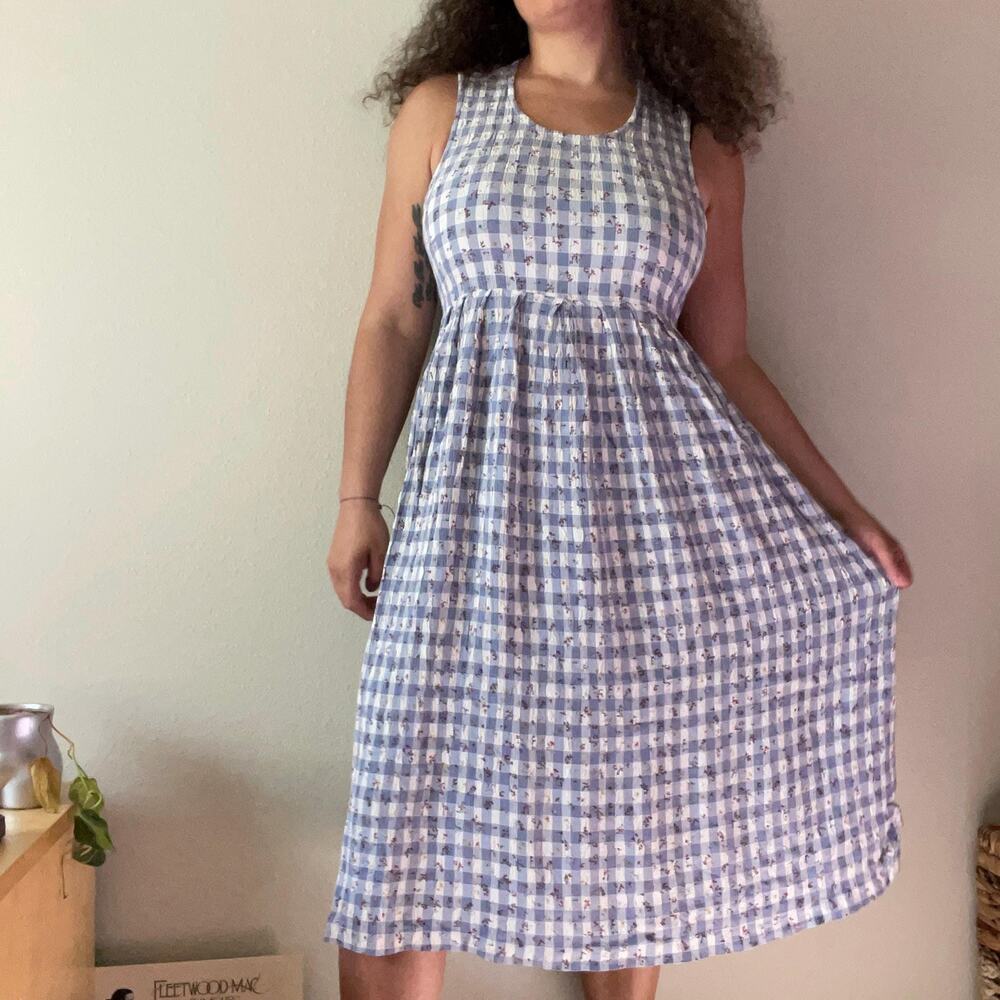 Vintage 80s 90s pastel blue gingham dainty floral midi maxi dress | size - Picture 2 of 9